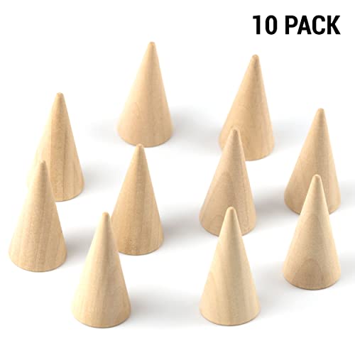 IFAMIO 10 Pieces Wood Ring Cone Stand Wooden Single Ring Display Holder Cone Shape Ring Display Support Ring Rack Ring Holder Jewelry Display Stand