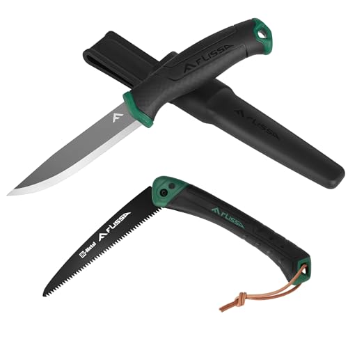 FLISSA Fixed Blade Tactical Knife and Folding Saw Set, Survival Knife with Stainless Steel Blade & Sheath, 7" Hand Pruning Saw, Outdoor Edge Knife - WoodArtSupply