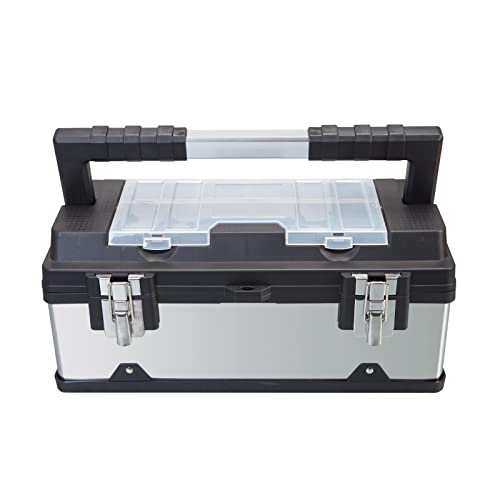 BIG RED A5519BR Torin 19" Stainless Steel and Plastic Portable Storage Tool Box Organizer with Metal Lock, Multiple Compartments, Clear Lid and BIG RED