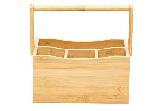 RoyalHouse Natural Bamboo Utensil Holder And Organizer For Kitchen Countertop, Bamboo Picnic Basket With Folding Handle for Camping Trip RoyalHouse