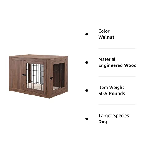 unipaws Furniture Style Dog Crate End Table with Cushion, Wooden Wire Pet Kennels with Double Doors, Medium Dog House Indoor Use (Walnut, Medium) unipaws