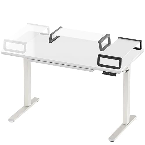 SHW 48-Inch Glass Electric Height Adjustable Desk with Monitor Riser and Drawer, White - WoodArtSupply