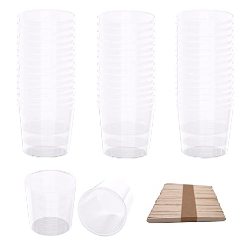 30 Pack 2 Ounce Plastic Graduated Cups 60 ml Transparent Scale Cups with 30 Pack Wooden Stirring Sticks for Mixing Paint, Stain, Epoxy, Resin