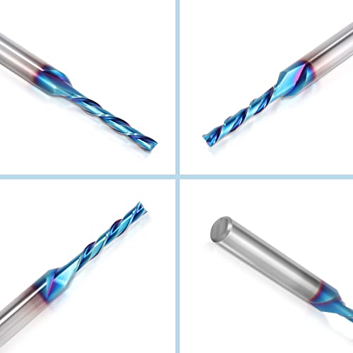 HQMaster 5 Pcs Spiral CNC Router Bits Set Down Cut 1/4” Shank Solid Carbide Spiral Downcut CNC Bits with Nano Blue Coating End Mill for Wood Cut HQMaster