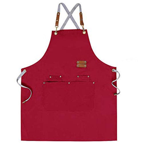 Chef Apron,Cross Back Apron for Men Women with Adjustable Straps and Large Pockets,Canvas,M-XXL (Red) Mignongirl