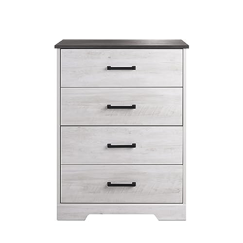 Prepac Rustic Ridge Farmhouse Chest, Wooden Bedroom Dresser with 4 Storage Drawers, 18.25in x 27.5in x 35.5in, Washed White - WoodArtSupply