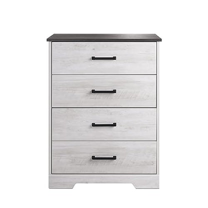 Prepac Rustic Ridge Farmhouse Chest, Wooden Bedroom Dresser with 4 Storage Drawers, 18.25in x 27.5in x 35.5in, Washed White - WoodArtSupply