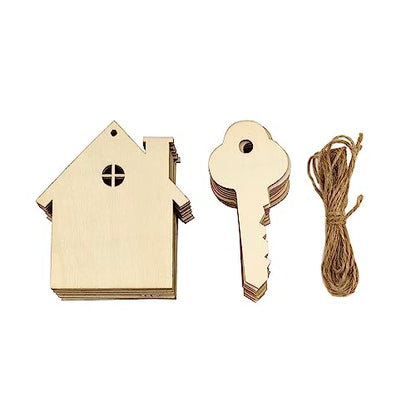 32 Pieces Wooden House & Key Crafts Wood House & Key Cutouts Unfinished House & Key Ornament Hanging Decoration Craft Gift Tags for Home Party