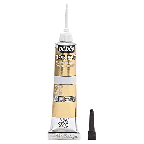 Pebeo Vitrail, Cerne Relief Dimensional Paint, 20 ml Tube with Nozzle - Rich Gold, 0.67 Fl Oz (Pack of 1) - WoodArtSupply