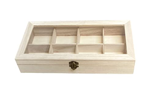 Cregugua 2 Pack Unfinished Wooden Box with Glass Lid, Wood Jewelry Storage Tray Box,8 Compartment Organizer 12.6 x 6.3 x 2.4 In