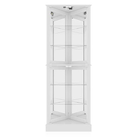 BELLEZE Lighted Accent Corner Display Curio Cabinet with Tempered Glass Doors and Shelves, Classic Wood Cabinet w/Bulb, Corner Curio Storage Rack for BELLEZE