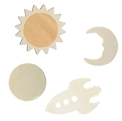 Pack of 24 Unfinished Wood Outer Space Cutouts by Factory Direct Craft - Suns, Moons, Rocket Ships & Planets Blank Wooden DIY Shapes for Scouts, - WoodArtSupply