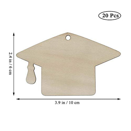 JANOU 20pcs Graduation Cap Wood DIY Craft Cutouts Grad Hat Unfinished Wood Blank Embellishments Gift Tags Ornaments with Ropes for Graduation Party JANOU