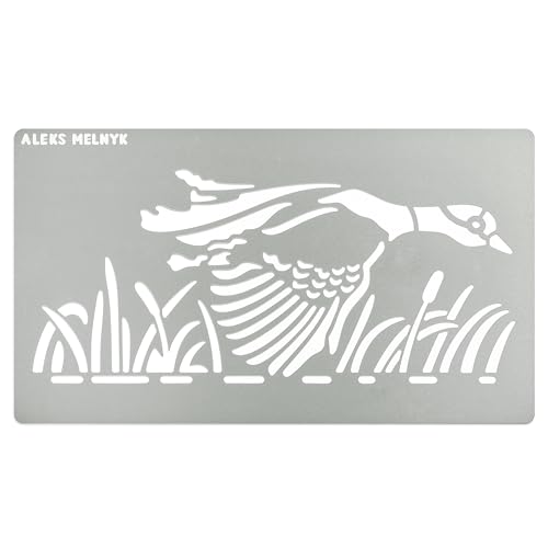 Aleks Melnyk No.469 Metal Stencil, Duck Flies Over Water and Reeds, Birds, Animals, Small Stencil, 1 PC, Template for Wood Burning, Engraving, - WoodArtSupply