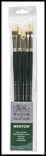 Winsor & Newton Winton Long Handle Brush (5 Pack) (Round 6, Filbert 6, Flat 6, Bright 8, Fan 3) - WoodArtSupply