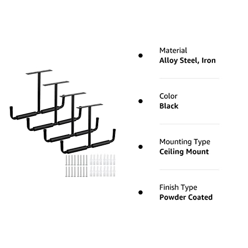 Overhead Garage Storage Hooks Rack Ceiling Mounted, Heavy Duty Utility Hooks Ladder Hangers for Pipe, Lumber, Fishing Rod and Ski Board | 4 Pack HOSKO