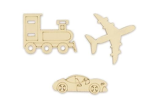 Transportation Vehicles - Unfinished Laser Cut Out Wooden Shapes for Crafting - Natural Wood - 15 Pieces (Racecar, Airplane, Train) - WoodArtSupply