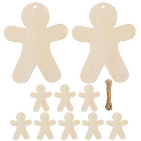 ABOOFAN 10pcs Gingerbread Man Wood Cutouts Unfinished Wooden Gingerbread Men Shapes Cut Outs Blank Wood Tag Xmas Ornaments Slices with Ropes for DIY ABOOFAN