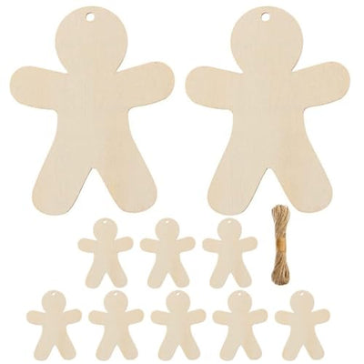 ABOOFAN 10pcs Gingerbread Man Wood Cutouts Unfinished Wooden Gingerbread Men Shapes Cut Outs Blank Wood Tag Xmas Ornaments Slices with Ropes for DIY