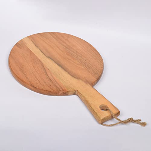 Samhita Round Acacia Wood Cutting Board with Handle for Chopping and Serving Charcuterie, Cheese, Pizza, Bread - Wall Décor (13" X 9" X 0.75") - WoodArtSupply