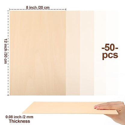 50 Pcs Basswood Sheets 8 x 12 Inch 2mm Thick Plywood Thin Wood Sheets Rectangular Unfinished Basswood Board with Smooth Surfaces for Crafts Cutting