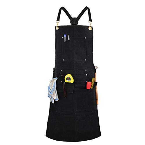 QeeLink Woodworking Shop Apron with 10 Pockets FR Waxed Canvas Work Apron - Flame Retardant - Adjustable M to XXXL for Men & Women, Black QeeLink