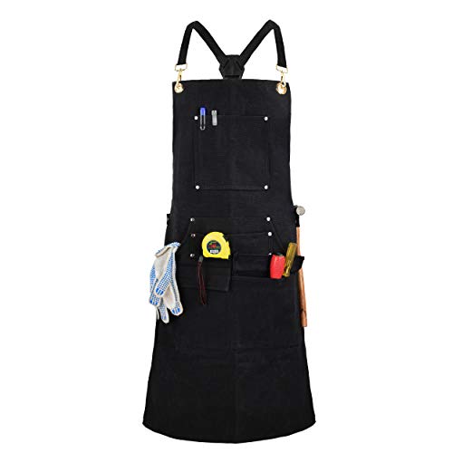 QeeLink Woodworking Shop Apron with 10 Pockets FR Waxed Canvas Work Apron - Flame Retardant - Adjustable M to XXXL for Men & Women, Black - WoodArtSupply