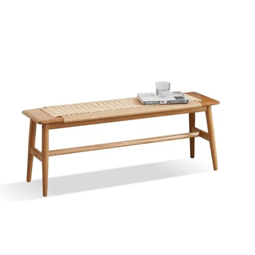Hymus 32" L 100% FAS Oak Wooden Bench Indoor - Solid Wood Rope Woven Entryway Bench, Dining Bench, Boho Furniture for Entryway, Dining Room, Bedroom, Hymus