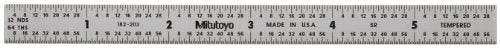 Mitutoyo 182-203, Steel Rule, 6" (5R), (1/32, 1/64, 1/10, 1/100"), 1/64" Thick X 1/2" Wide, Satin Chrome Finish Tempered Stainless Steel Mitutoyo