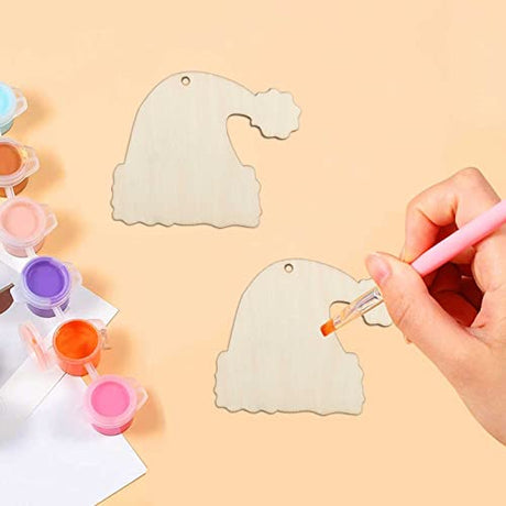 20pcs Santa Hat Wood Cutouts Unfinished Wooden DIY Craft Gift Tags Ornaments with Ropes for Birthday Wedding Christmas Tree Christmas Party JANOU