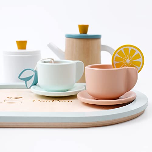PairPear Wooden Tea Set for Little Girls, Wooden Toys Toddler Tea Set Play Kitchen Accessories for Kids Tea Party with Play Food. PairPear