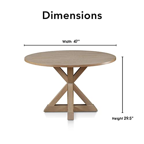 Finch Alfred Round Solid Wood Rustic Dining Table for Farmhouse Kitchen Room Decor, Wooden Trestle Pedestal Base, 46.5" Wide Circular Tabletop, - WoodArtSupply