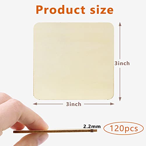 FSWCCK 120 Pcs Blank Wood Square, 3 X 3 Inch Unfinished Wood Pieces Wood Slices Wooden Board for DIY Crafts, Painting, Costers, Decoration