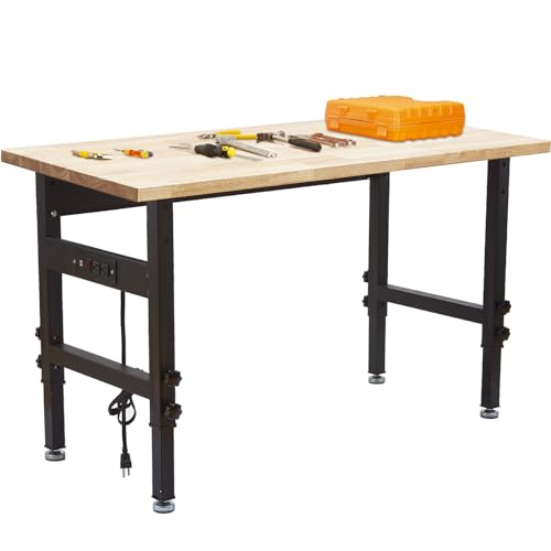 Work Benches, Adjustable Height Work Table, Heavy Duty Husky Workbench Portable Table 2000 LBS Load Capacity,with Power Outlet and Wheels for AHGOKL