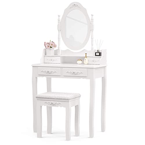 Mecor Vanity Table Set ,Makeup Table with Oval Mirror & Stool, Bedroom Wood Dressing Table with 4 Drawers White mecor