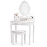 Mecor Vanity Table Set ,Makeup Table with Oval Mirror & Stool, Bedroom Wood Dressing Table with 4 Drawers White mecor