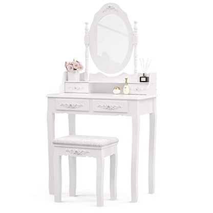 Mecor Vanity Table Set ,Makeup Table with Oval Mirror & Stool, Bedroom Wood Dressing Table with 4 Drawers White - WoodArtSupply