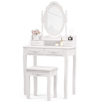 Mecor Vanity Table Set ,Makeup Table with Oval Mirror & Stool, Bedroom Wood Dressing Table with 4 Drawers White