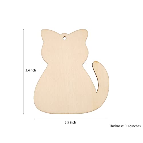 20 Pack Wooden Cat Cutout DIY Cat Craft Ornaments Paintable Cat Shaped Wood Cutouts Gift Tags with Ropes for Thanksgiving Christmas Home Pets Themed