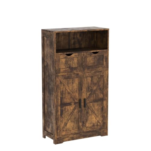 WEENFON Floor Storage Cabinet with 2 Adjustable Drawers & 2 Barn Doors, Standing Cupboard with 2 Shelf, for Living Room, Home Office, Kitchen, Rustic - WoodArtSupply