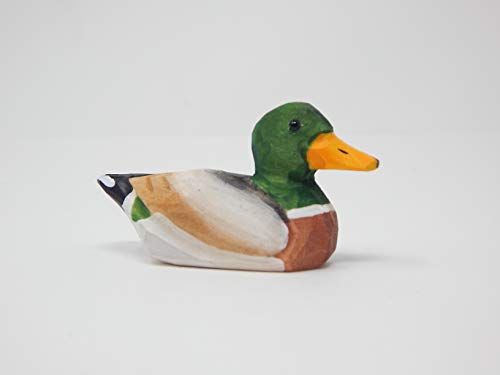 Selsela Small Mallard Wooden Duck Figurine - Drake/Male, Green Head, Hand-Made, Carving, Decoration, Decoy, Small Animals, Duck Lover Selsela