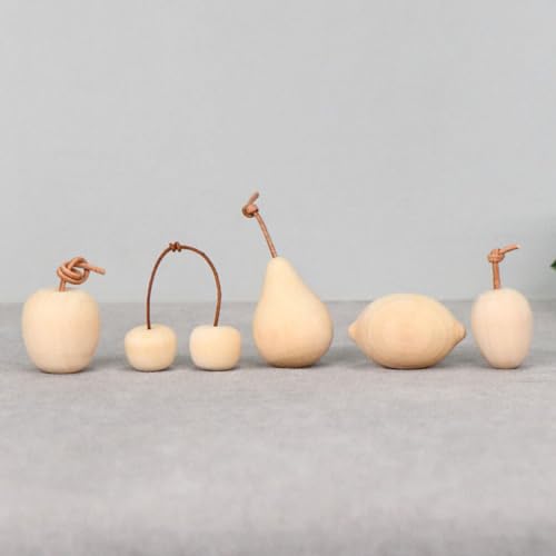TEHAUX Unfinished Wood Fruit 5pcs Unpainted Mini Wood Pear Apple Lemon Cherry Kiwi Art Crafts 3D Blank Fruits DIY Fruit Figurines for Painting Wood TEHAUX