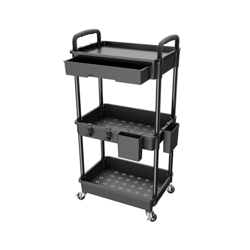 3 Tier Rolling Utility Cart with Drawer,REBECAT Utility Cart Made of Multifunctional Storage Organizer Tool for Kitchen,Bathroom,Living - WoodArtSupply