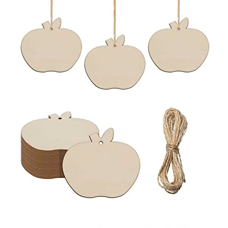 Creaides 30pcs Mini Apple Wood DIY Crafts Cutouts Wooden Apple Shaped Hanging Ornaments with Hole Hemp Rope Gift Tags for Wedding Birthday Christmas Creaides