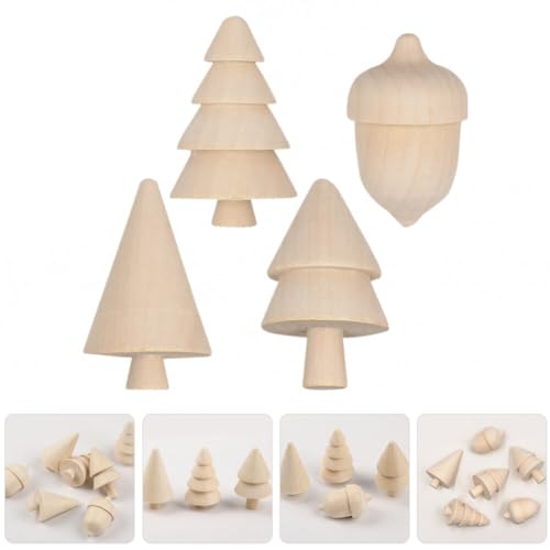 ABOOFAN Unfinished Wooden Figurines 3pcs Mini Wooden Christmas Tree and 1pc Unfinished Wood Acorn Unpainted Blank Figurines Wood Trees Peg People for