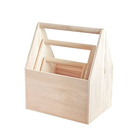 Set of 3 Unfinished Wooden Carrier Nesting Wood Craft Box with Handle for Storage Cregugua