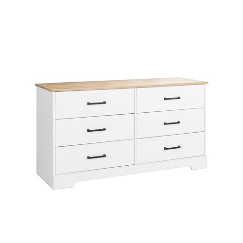 Prepac Rustic Ridge 6 Drawer Dresser, 18.25" D x 53.25" W x 28.5" H, White & Oak - WoodArtSupply