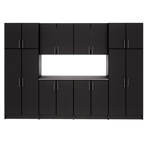 Prepac Elite Functional 8-Piece Garage Cabinets and Storage System Set G, Simplistic Garage Closet Shop Cabinets 16" D x 128" W x 89" H, Black,