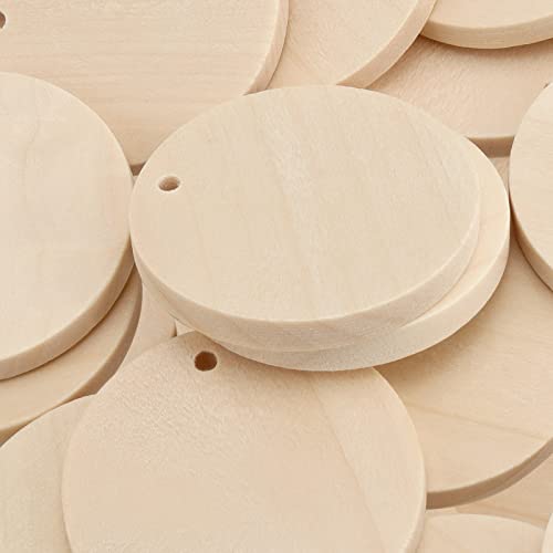 SEHOI 100 PCS 1.38 Inches Natural Wood Slices, Wooden Keychain Set, Predrilled Wood Keychain Blank Unfinished Discs with Key Rings, Twine, Round