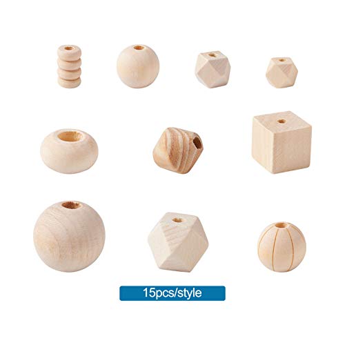 Craftdady 150pcs Unfinished Geometric Wooden Loose Beads Natural Unpainted Round Polygon Cube Rondelle Column Wood Spacer Beads for Craft Jewelry
